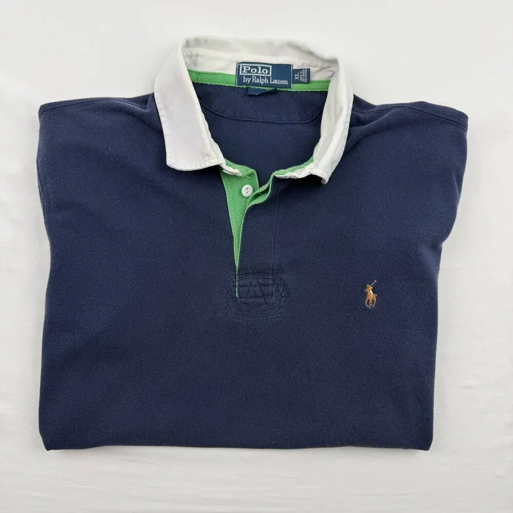 Vtg Polo Ralph Lauren Custom Fit Polo Shirt XL Navy Cotton Preppy Classic Y2K